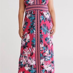 London Times V Neck Border Print Sleeveless Jersey Pink Floral Maxi Dress